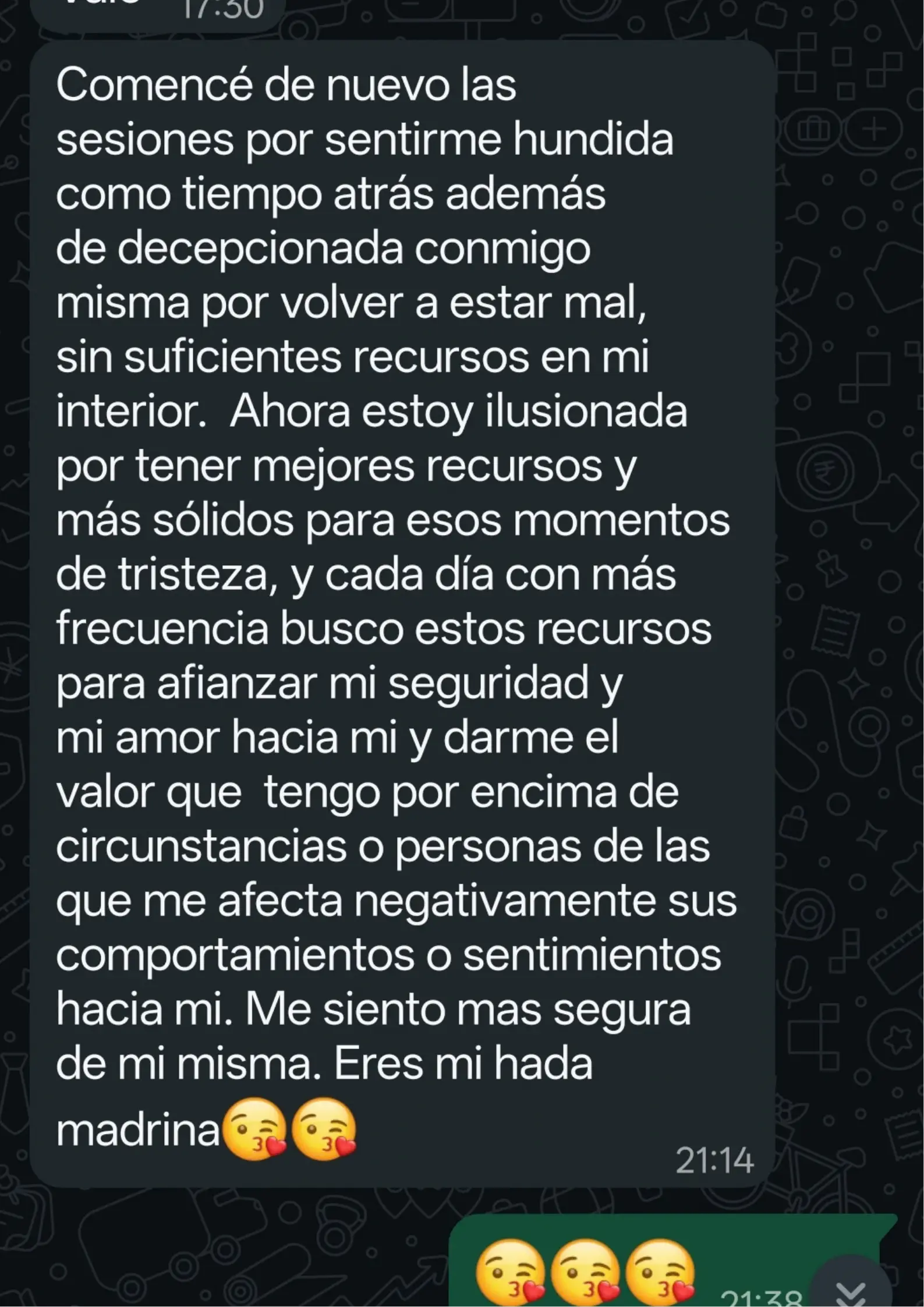 Mensaje de una clienta tras su proceso de hipnoterapia
