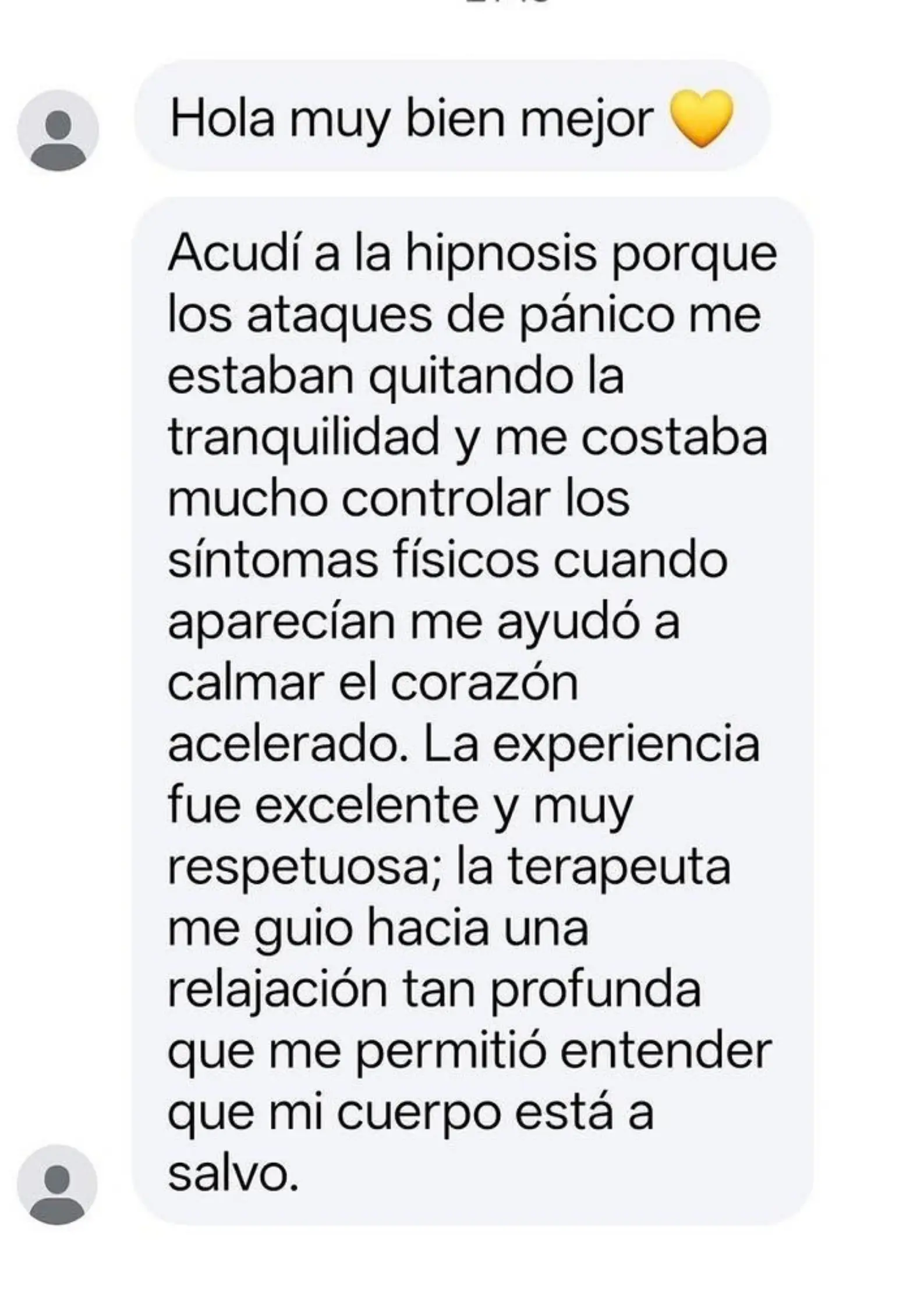Mensaje de una clienta tras su proceso de hipnoterapia