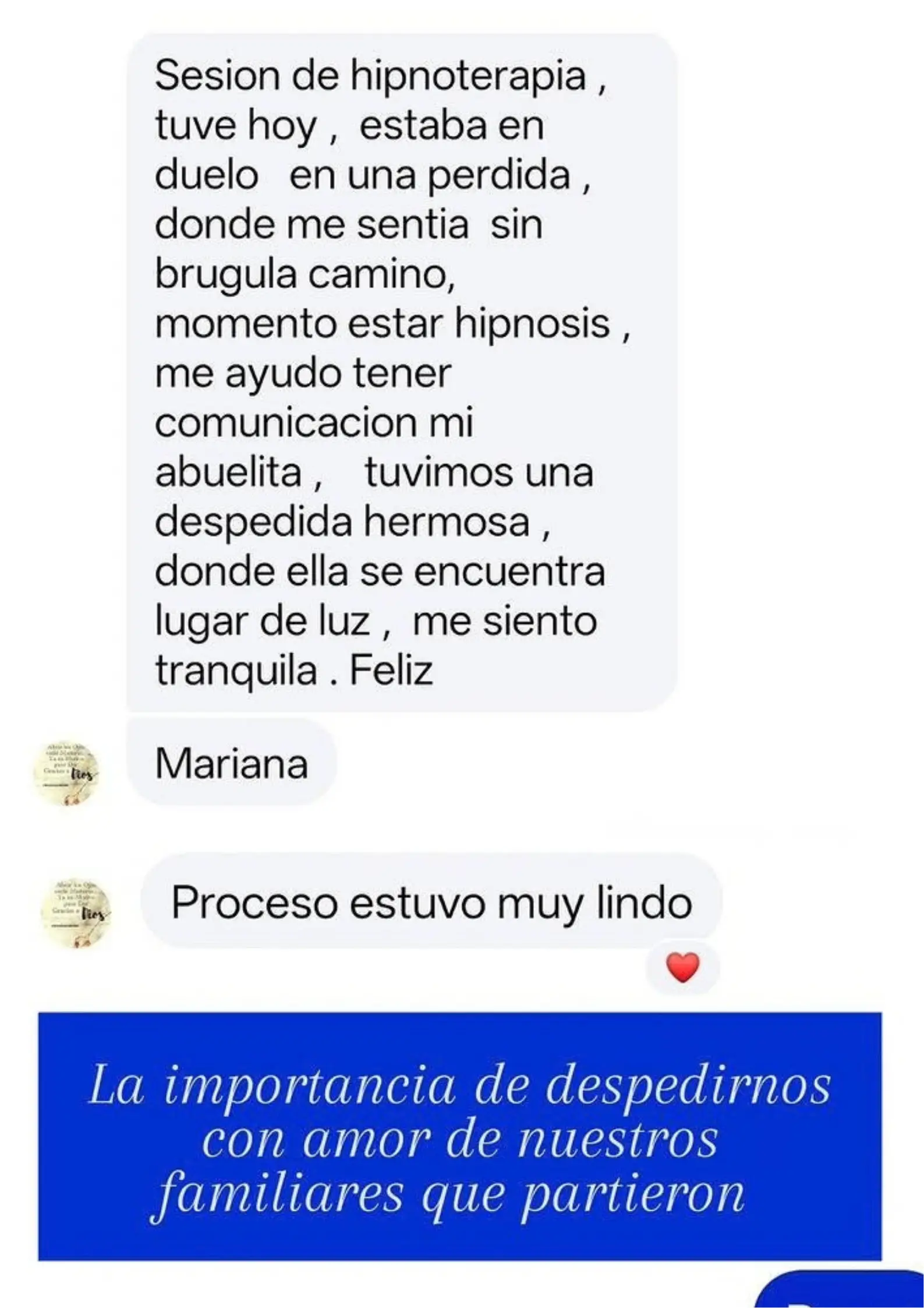 Mensaje de una clienta tras su proceso de hipnoterapia