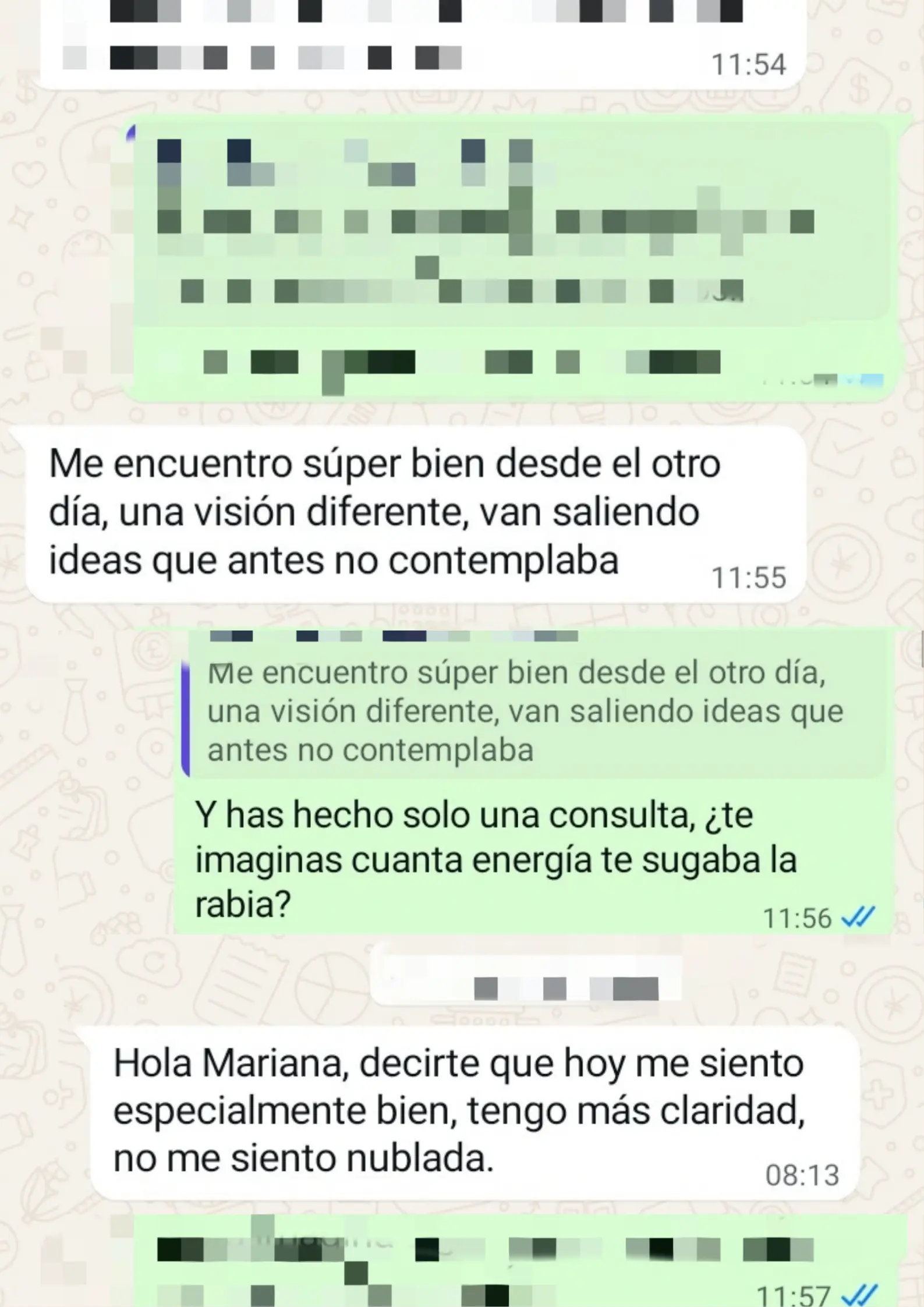 Mensaje de una clienta tras su proceso de hipnoterapia