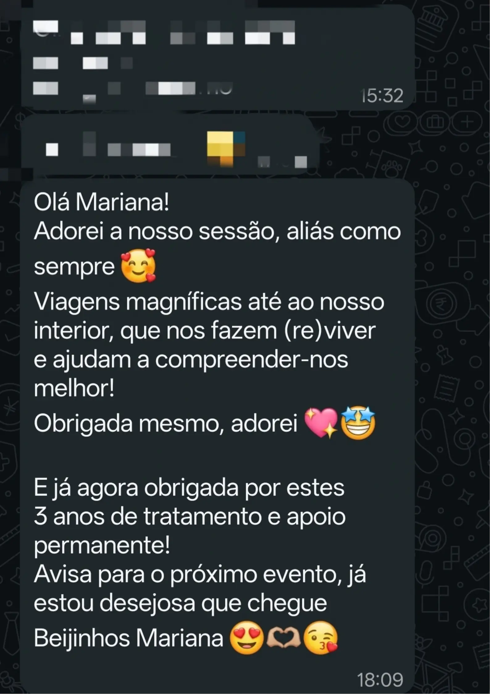 Mensaje de una clienta tras su proceso de hipnoterapia