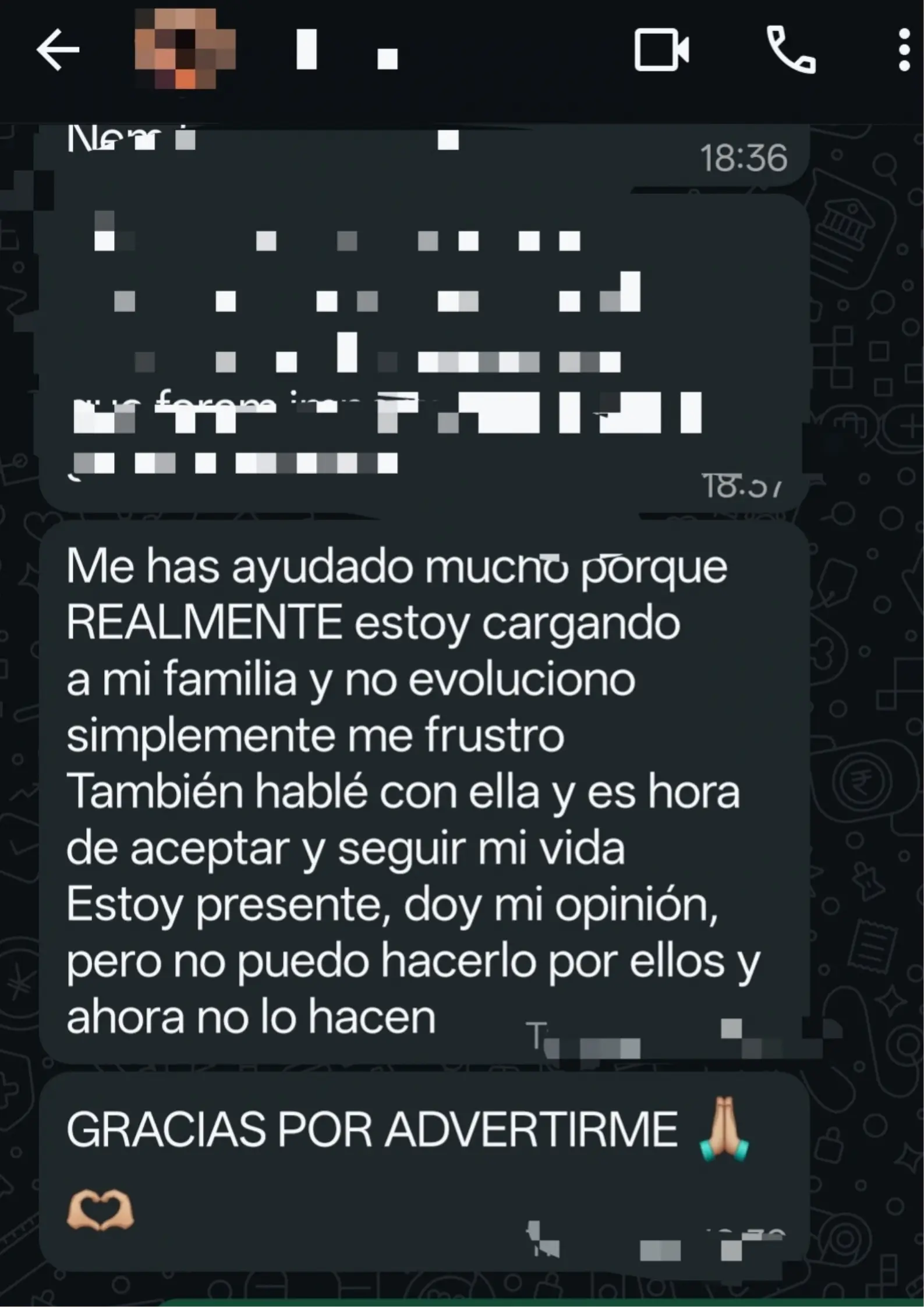 Mensaje de una clienta tras su proceso de hipnoterapia