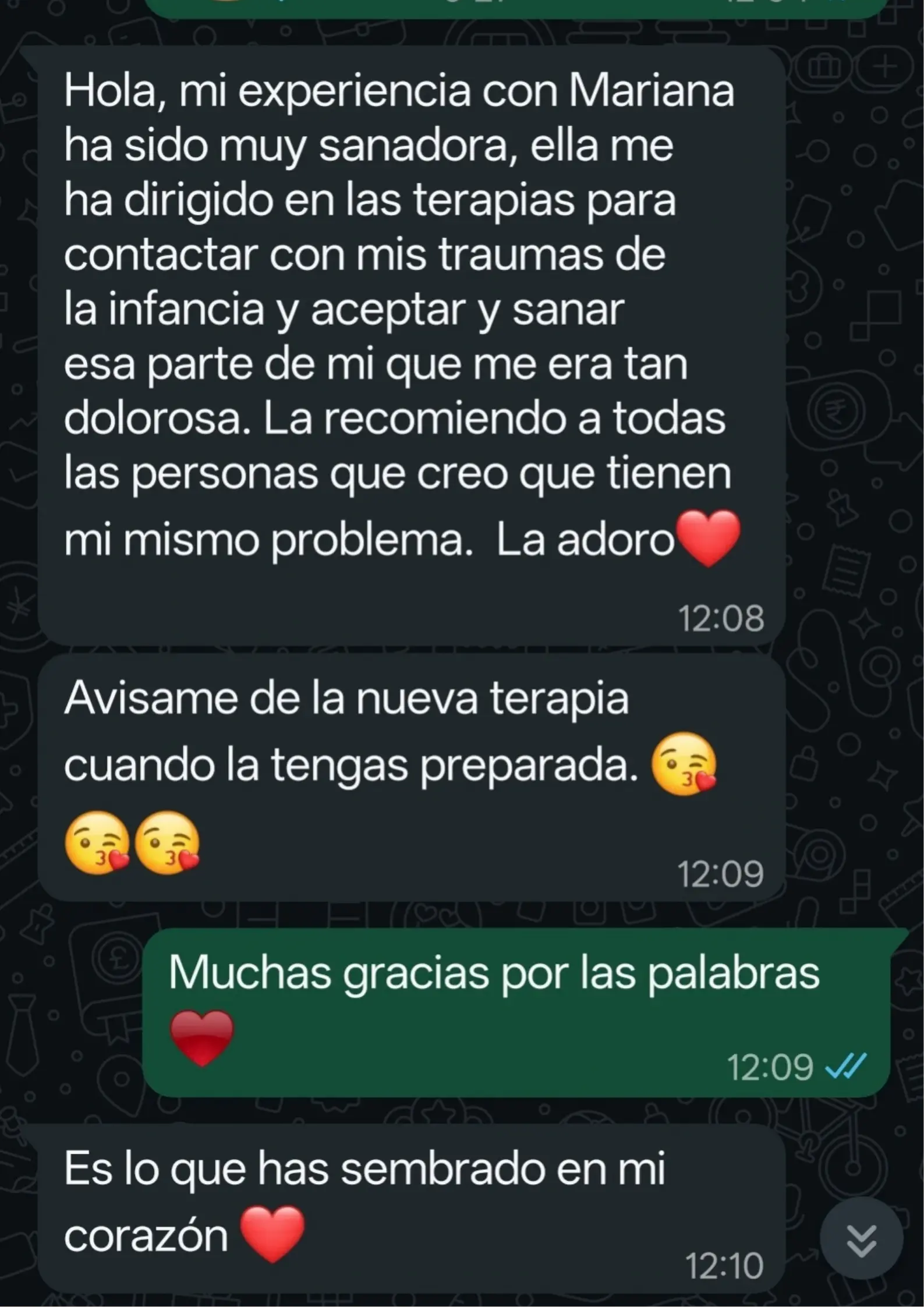 Mensaje de una clienta tras su proceso de hipnoterapia