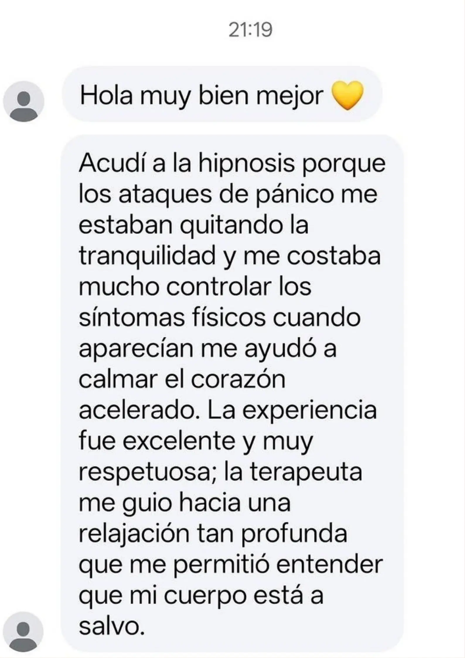 Mensaje de una clienta tras su proceso de hipnoterapia
