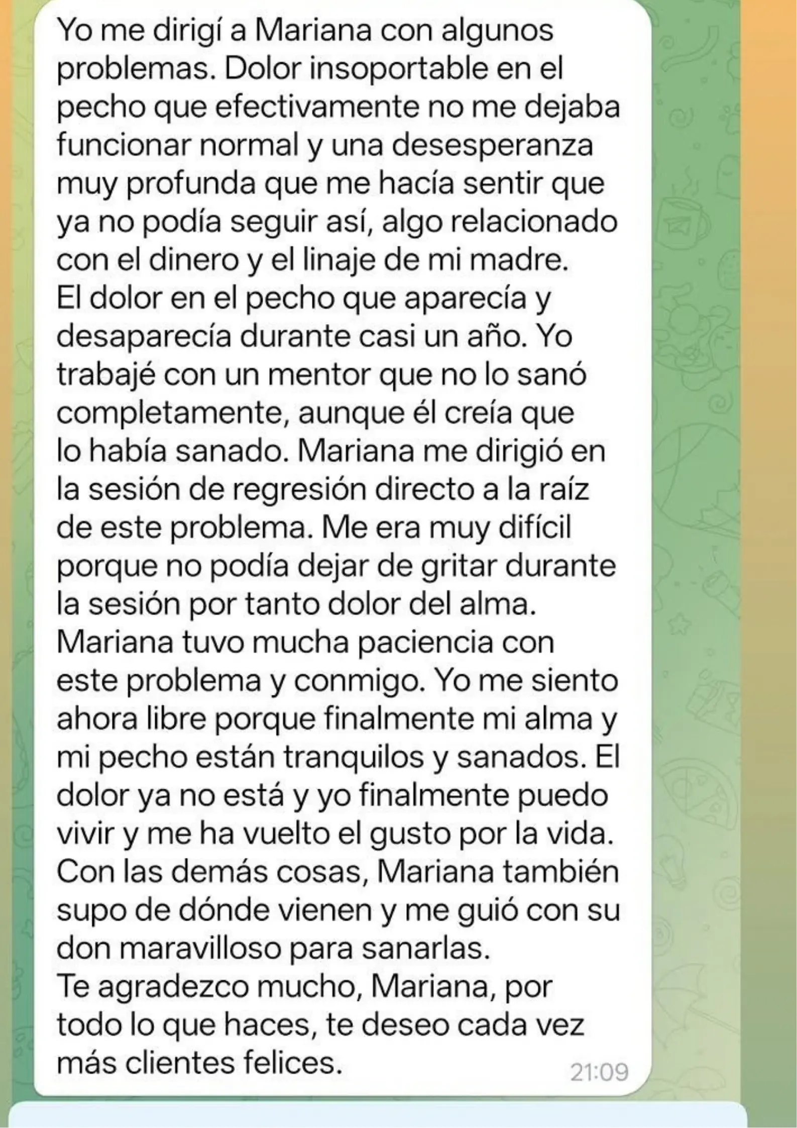Mensaje de una clienta tras su proceso de hipnoterapia